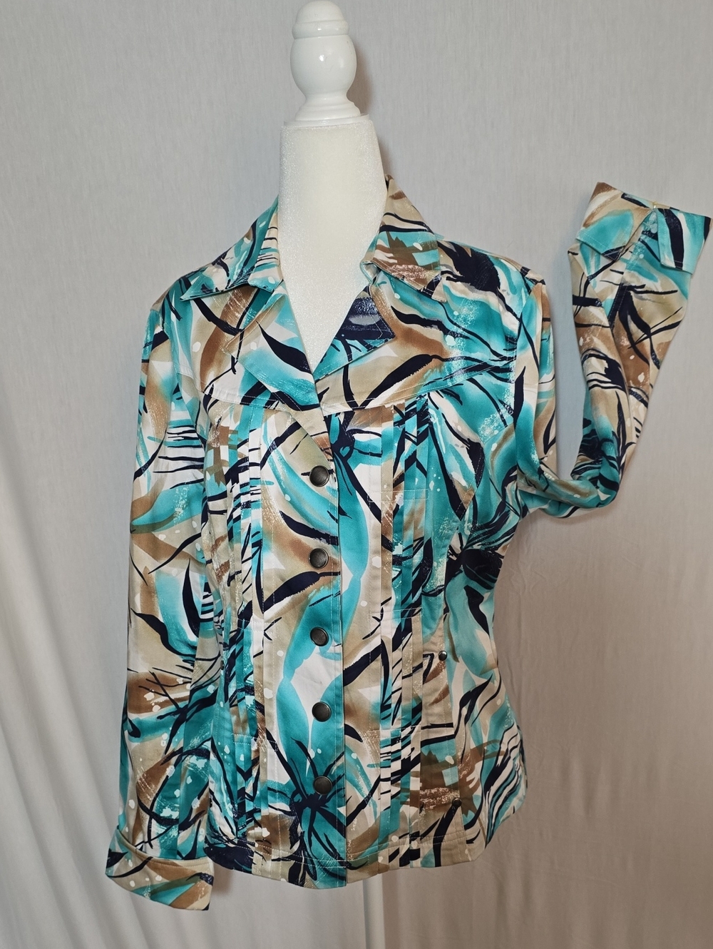 Coldwater Creek Teal, Tan & Navy Abstract Snap/Button Look Shirt/ Jacket